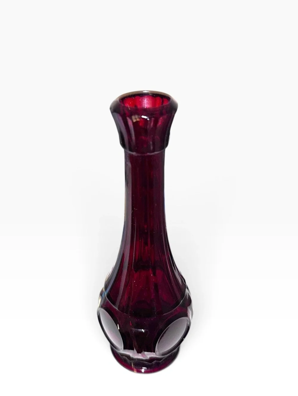 Vintage Ruby Red Glass Bud Vase with Raised Circular Motif, Mid-Century Modern
